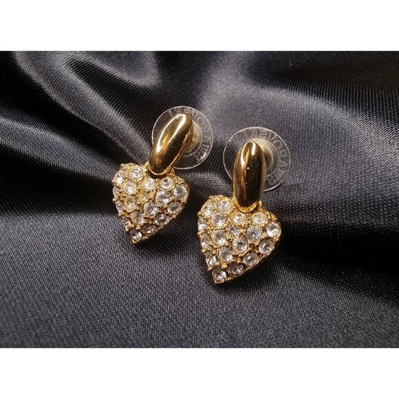 Vintage Swarovski Gold-Tone Crystal Heart Earrings - Picture 2 of 5